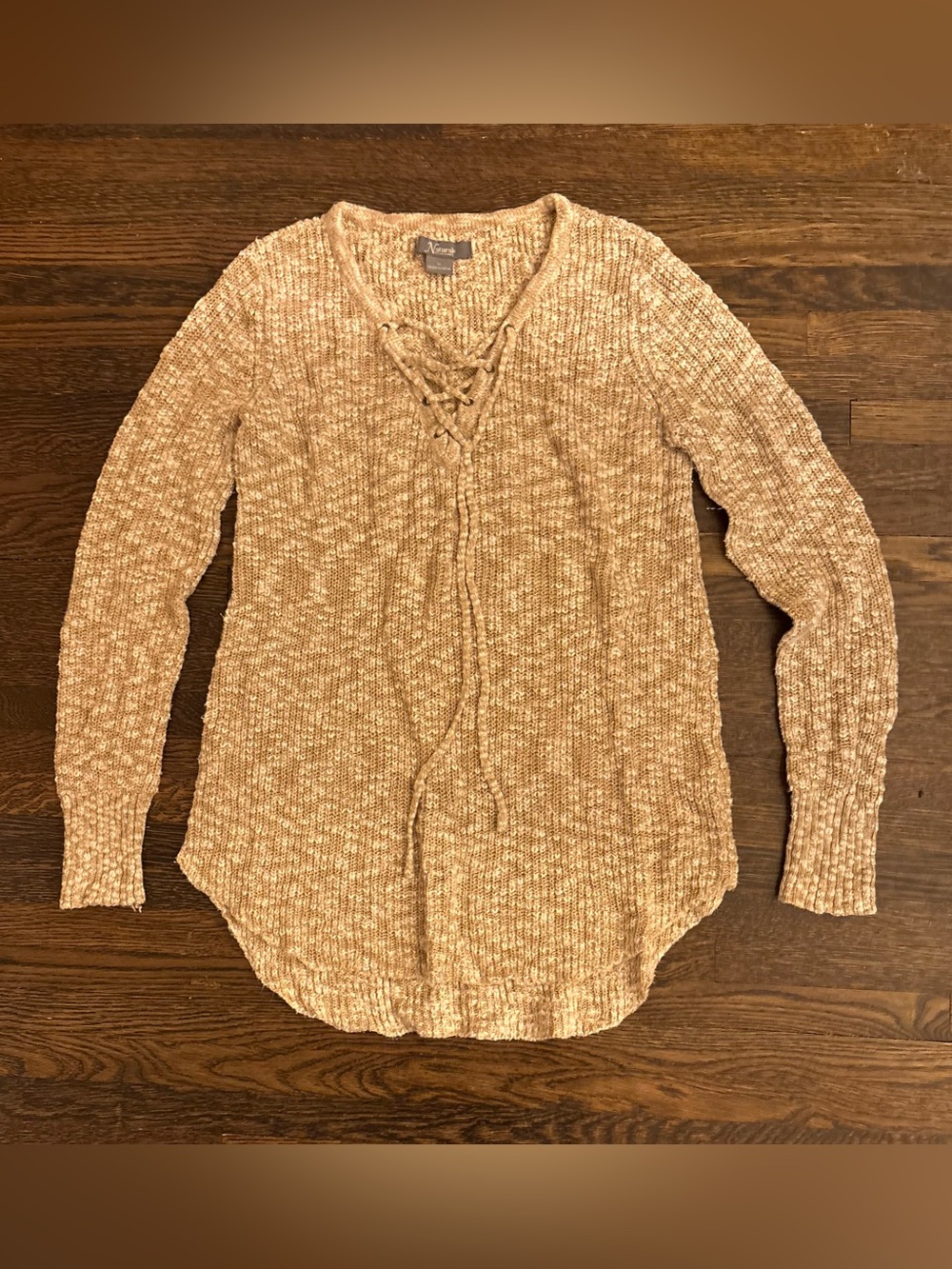 Natural Reflections Cozy Lace-Up V-Neck Chenille Sweater - Beige. M